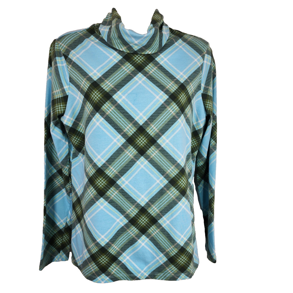 Talbots Tee Women’s Classic Turtleneck Bias Tartan Blue Green Plaid Size Small